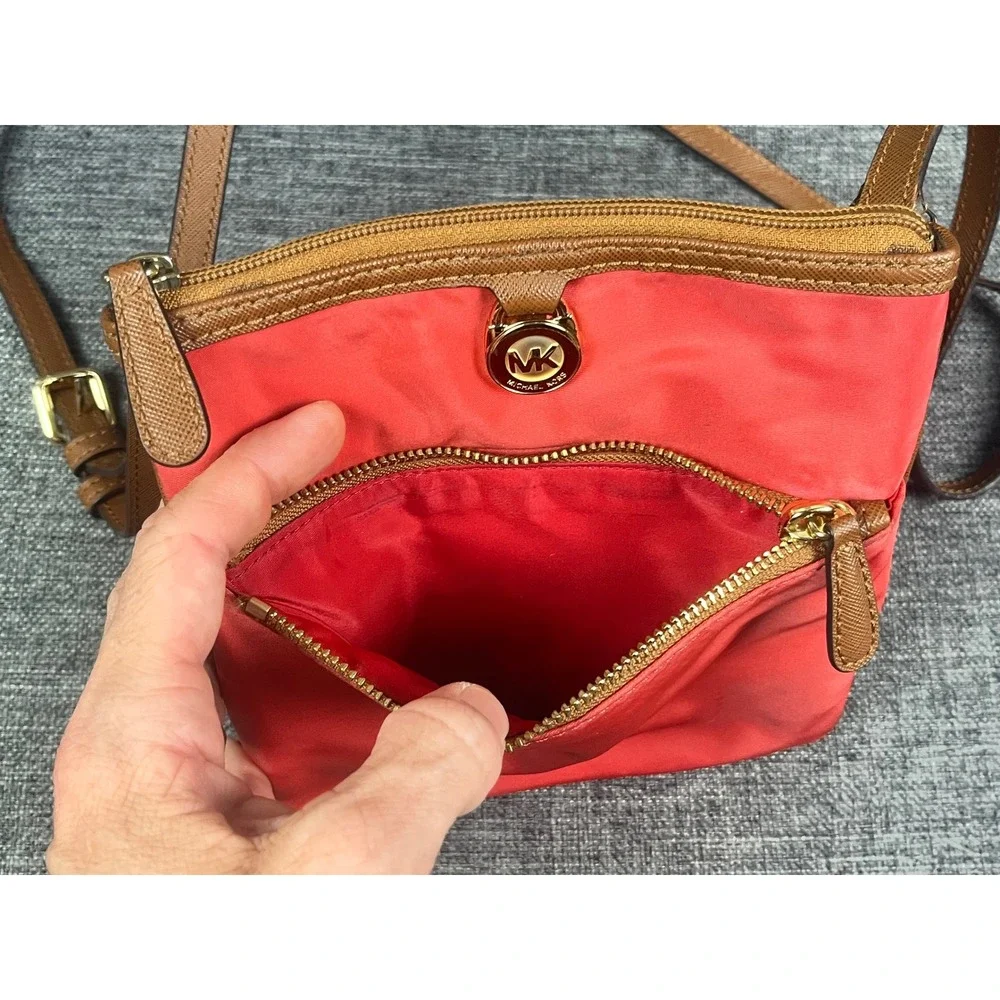 Michael Kors Red Nylon Tan Leather Trim Crossbody Bag Gold Logo Small Messenger